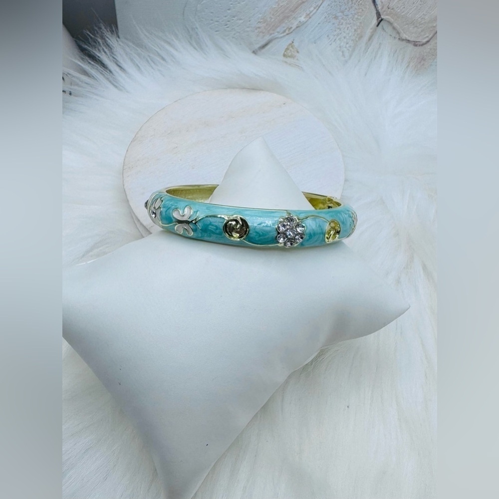Green Flower Enamel Cloisonne Bracelet Bangle Thick Style